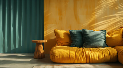 Modern Yellow Couch with Green Pillows Against a Two-Tone Wall