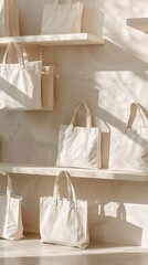 Array of creatively designed cotton totes, displayed in a minimalist setup, each a vector mockup...