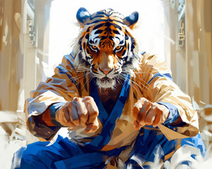 A anthropomorphic tiger wearing a karate gi is in a fighting stance.