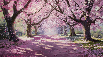 Underneath a cherry blossom tree's branches, pink and white petals leisurely descend, adorning the...