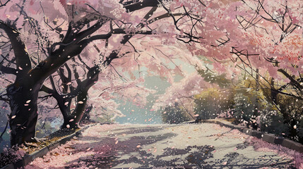Beneath the boughs of a cherry blossom tree, petals drift lazily to the ground, painting the...
