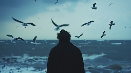 A Man in a Black Coat Observing Seagulls on a Moody Beach - Powered by Adobe