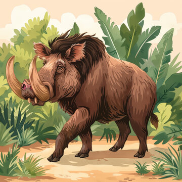 An illustration of an Entelodont, an extinct omnivorous pig-like artiodactyl that lived during the Eocene and Oligocene epochs.