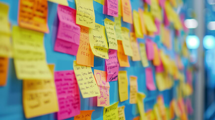 Sticky Note Post It Board Office. Business people meeting at office and use post it notes to share idea. Brainstorming concept. Sticky note on glass wall or blackboard. Set of colorful blank notes.