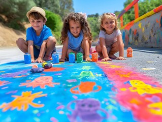 Three cheerful children sitting on a colorful street painting with chalk, surrounded by vibrant...