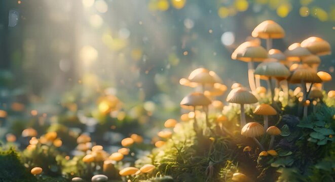 Wild mushrooms on a soft-focus forest underbrush,