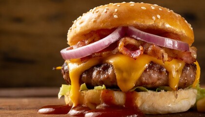 Burger with cheddar cheese, bacon and onion. Ketchup in the composition. Macro photography.
