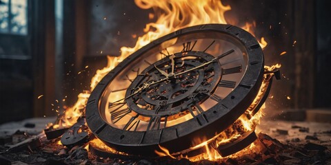 Fototapeta na wymiar Burning Time. A classic clock face with Roman numerals is engulfed in flames. The clock hands are frozen at a specific time, creating a sense of urgency and the fleeting nature of time.