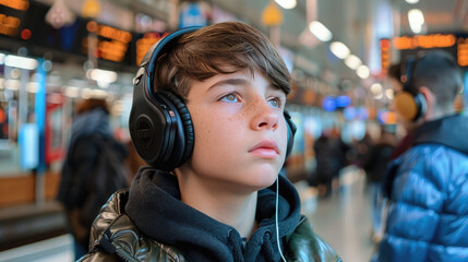 A teenage boy with a hearing aid listens intently to music on his headphones in a bustling subway station
