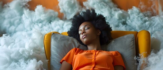Serene Slumber Amidst Cloud-like Comfort. Concept Bedtime Routine, Cozy Sleepwear, Dreamy Bedroom Decor, Relaxing Evening Activities - obrazy, fototapety, plakaty