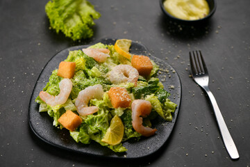 Famous potted shrimps along with romaine lettuce, toasted bread, Parmesan cheese and dressing on top.