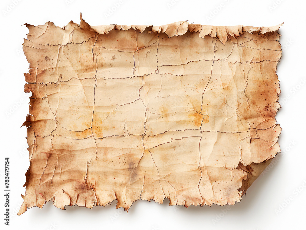 Poster worn antique parchment paper with frayed edges over white. historical document concept generative ai