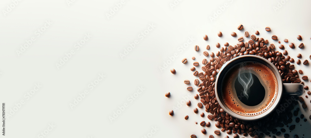 Poster steaming cup of coffee with crema, surrounded by beans on light background. generative ai