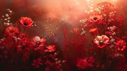 Lush floral tapestry, red hues with sunflare, botanical wonder