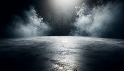 Ethereal smoke swirling on a concrete floor against a dark backdrop. Stage and mystery concept. Generative AI
