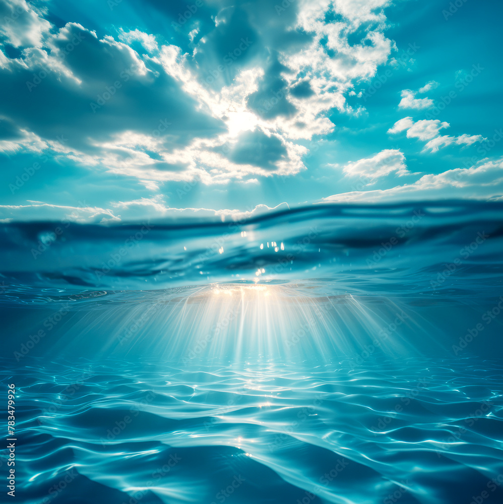 Poster underwater view with sun rays piercing through water surface, serene and peaceful. generative ai