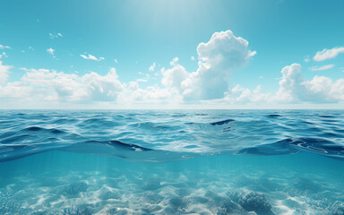 Underwater view of sunlight piercing through the ocean surface onto a sandy seabed. Marine beauty...