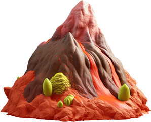 A red volcano with lava isolated on white background. png.