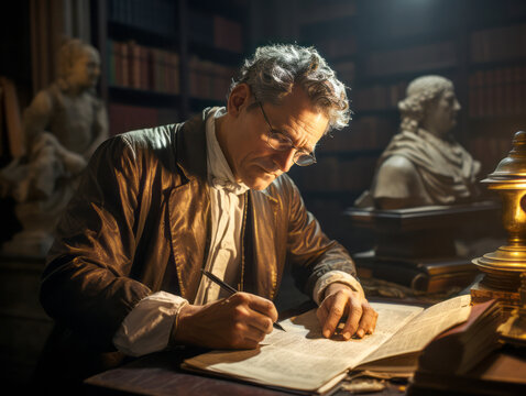 A focused man in historical attire is immersed in study amidst a candlelit, classical library setting, evoking a sense of discovery and wisdom. Generative AI