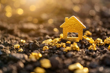 Pin icon or house icon and gold nuggets on land area waiting to be sold, investing in real estate and land to create returns concept, demand for purchasing land in a good location