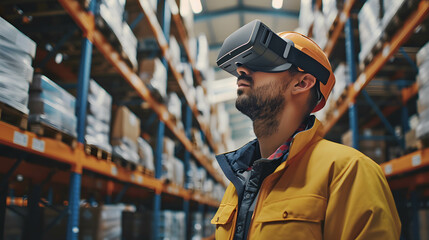 Illustrate a person using augmented reality glasses to navigate through a storage warehouse and receive real-time guidance on picking and packing tasks, enhancing accuracy and efficiency - obrazy, fototapety, plakaty