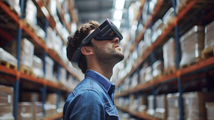 Illustrate a person using augmented reality glasses to navigate through a storage warehouse and receive real-time guidance on picking and packing tasks, enhancing accuracy and efficiency