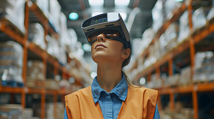 Illustrate a person using augmented reality glasses to navigate through a storage warehouse and receive real-time guidance on picking and packing tasks, enhancing accuracy and efficiency