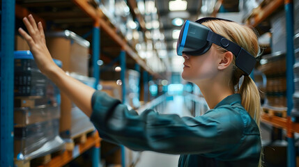 Illustrate a person using augmented reality glasses to navigate through a storage warehouse and receive real-time guidance on picking and packing tasks, enhancing accuracy and efficiency