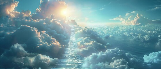 Ethereal steps to transcendence, clouds and sun, tranquil realm