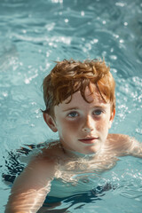 Young boy enjoying a refreshing swim in a pool, perfect for active lifestyle promotion