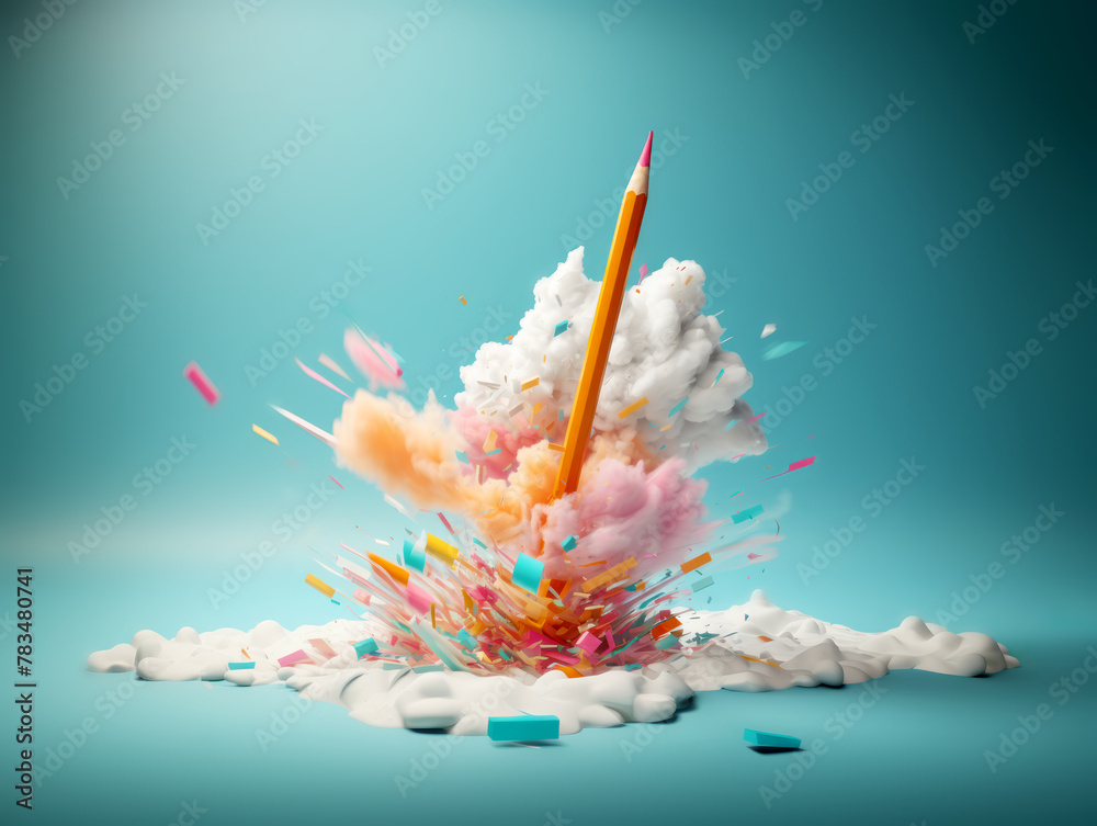 Poster An explosion of colors and shapes with a pencil at its center against a teal background, capturing a concept of creativity. Generative AI