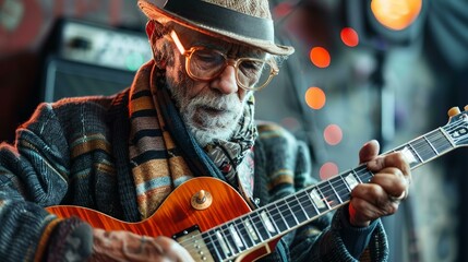 Elderly musician with electric guitar, rocking out