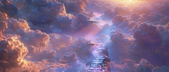 Celestial climb, fluffy clouds, ethereal staircase in sunlight - obrazy, fototapety, plakaty