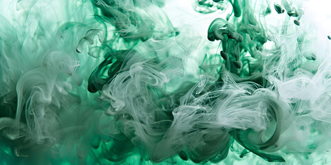 Green Background with Blue Smoke Watercolor  - obrazy, fototapety, plakaty