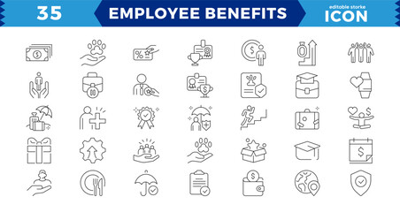 EMPLOYEE BENEFITS LINE ICON SET, Pay raise, maternity rest, health and life insurance, paid vacation, social security icons and more signs. Flat icon collection.