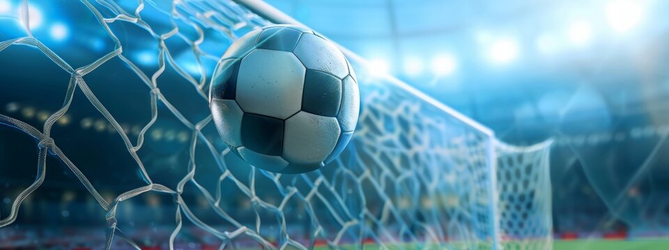 On a stadium ball flying in the net. Banner of soccer game. Sport concept
