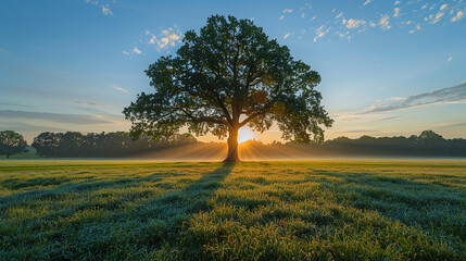 A majestic oak tree standing alone in a verdant field at sunrise, with rays of light streaming through its branches, casting long shadows on the dew-covered grass. 32k, full ultra hd, high resolution - obrazy, fototapety, plakaty