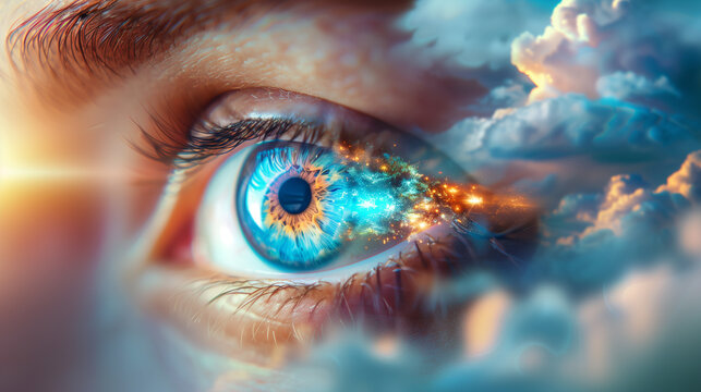 Human eye amidst sky and clouds, reflecting the healing of eye movement desensitization reprocessing therapy.