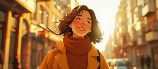Fototapeta premium Walking with purpose, a woman wearing a bright yellow coat strolls down a bustling urban street