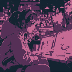 cozy looking anime girl playing retro games under neon lights using 90's japanese pop artstyle, pop girl anime, vector illustration