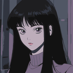 anime, simple, retro, girl with black hair and black eyes, flat colors, cute, 1990's anime style, lo-fi aesthetics, black outline, black long straight hair with bangs, eye-catching, animated girls
