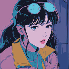 Lofi neon colors 80s anime still, girl wearing retro outfit, retro fashion, muted retro colors, style of Dragons Heaven, close up shot, anime illustration anime girl portrait