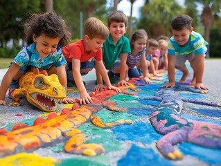 Group of joyful children playing with a colorful chalk-drawn dinosaur on a sunny day at the park,...