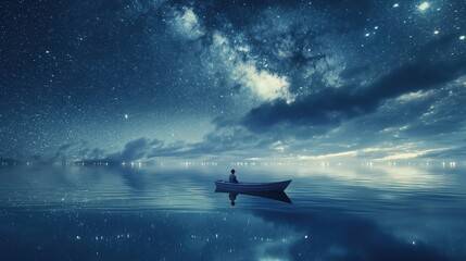 Starry Serenity A Man in Boat Adrift on the Ocean Seascape, Underneath a Canopy of Twinkling Stars and Wispy Clouds, Lost in the Tranquil Beauty of the Night