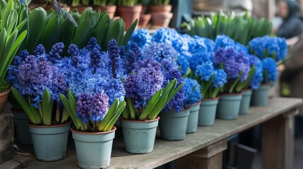 Spring Symphony Blue-Violet Hyacinths Adorn Floristic Store Shelf - obrazy, fototapety, plakaty