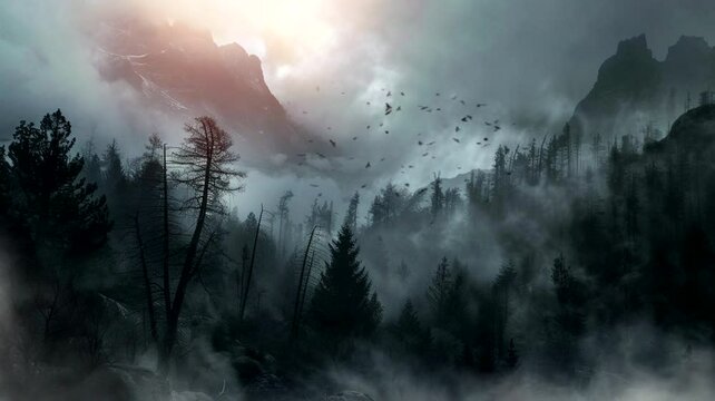 misty pine forest in the mountains, animated virtual repeating seamless 4k	
