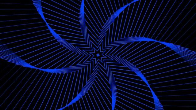 Geometric blue background with star shapes. Neon star animation. Radio wave effect. Looped animation. Hypnotic effect. Blue line flower