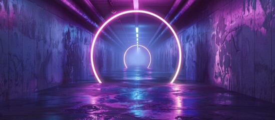 A mysterious and dimly lit tunnel features vibrant neon lights along its walls, with a luminous ring adding an extra glow