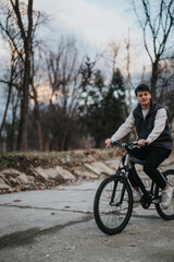 Fototapeta premium Outdoor portrait of a young boy riding a bicycle, showcasing happiness and carefree leisure activity.