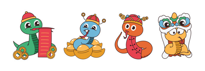 Cute funny snakes element vector set. Chinese new year symbol, happy snake character in lion dance costume, gold coin. Year of the snake illustration for greeting card, sticker, calendar, background.